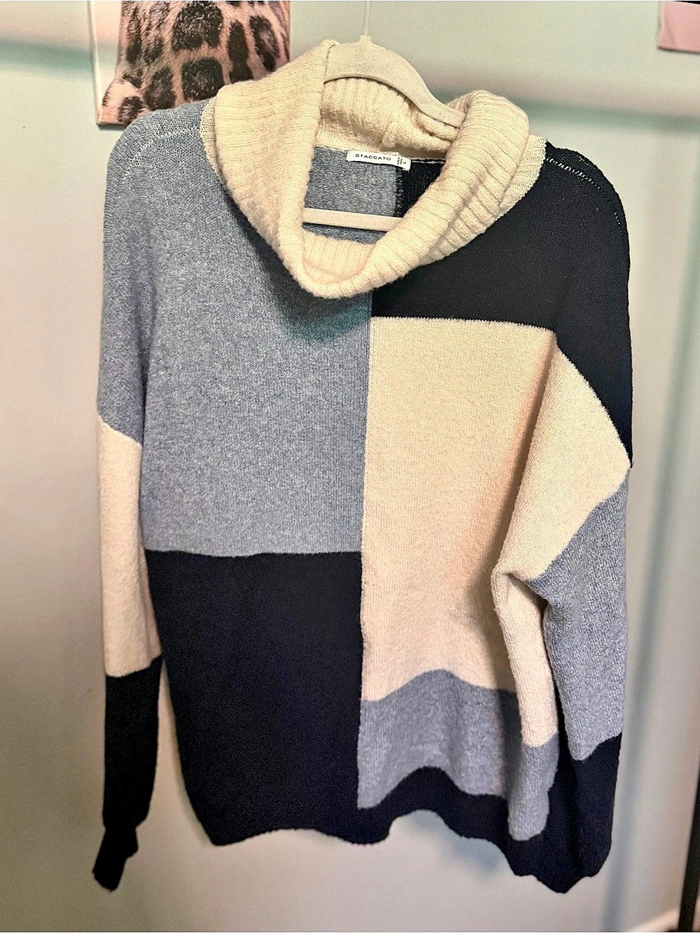 Staccato Color Block Cowl Neck Sweater in Blue & Black